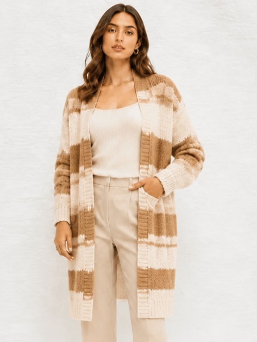 SISTERS Cardigan Sweater Chunky Stripe Shawl Open Tunic Tan White